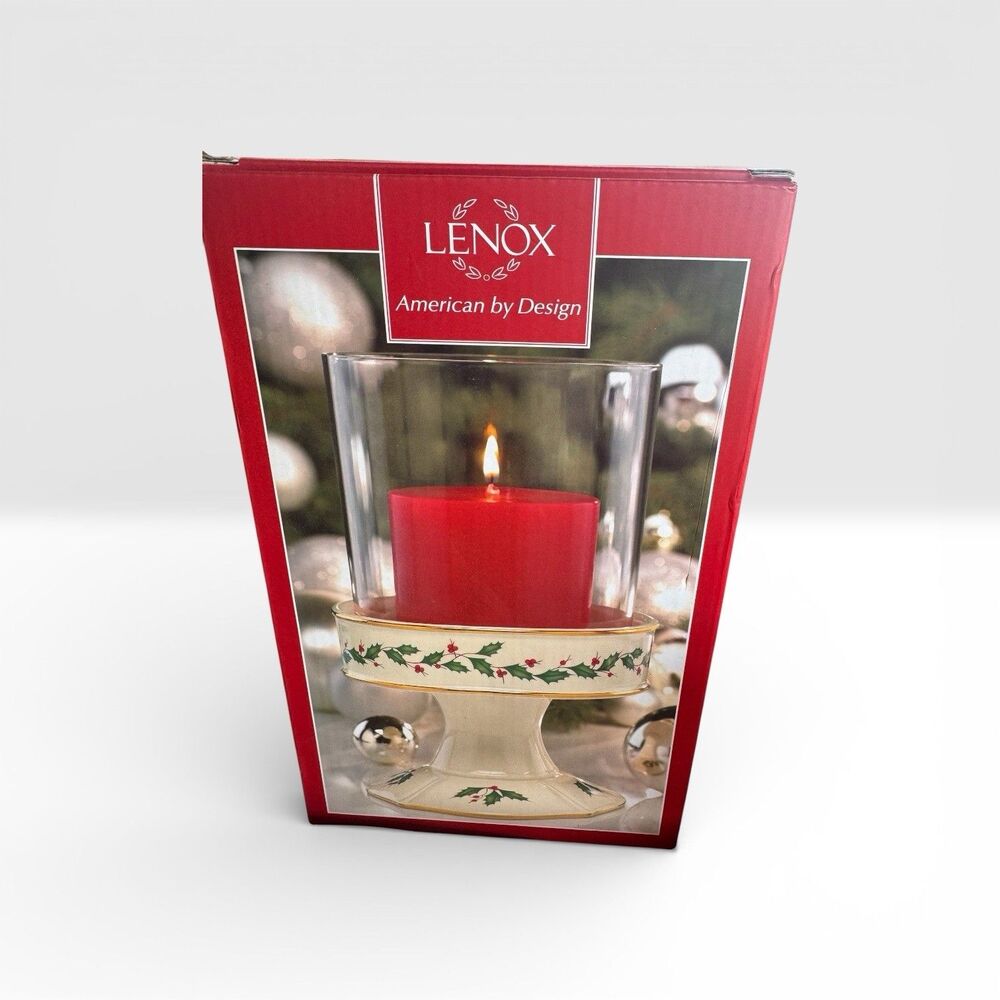 LENOX HOLIDAY HOLLY & BERRiES 8.25" PILLAR CANDLE HOLDER w/ GLASS SHADE NEW
